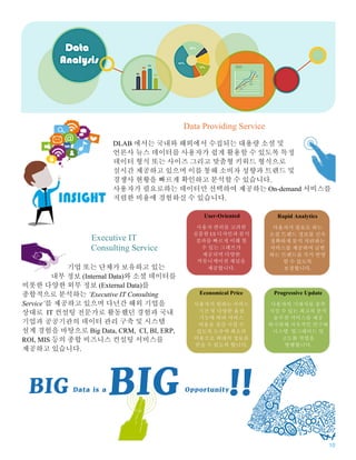 10
Data Providing Service
DLAB 에서는 국내와 해외에서 수집되는 대용량 소셜 및
언론사 뉴스 데이터를 사용자가 쉽게 활용할 수 있도록 특정
데이터 형식 또는 사이즈 그리고 맞춤형 키워드 형식으로
실시간 제공하고 있으며 이를 통해 소비자 성향과 트렌드 및
경쟁사 현황을 빠르게 확인하고 분석할 수 있습니다.
사용자가 필요로하는 데이터만 선택하여 제공하는 On-demand 서비스를
저렴한 비용에 경험하실 수 있습니다.
Executive IT
Consulting Service
기업 또는 단체가 보유하고 있는
내부 정보 (Internal Data)와 소셜 데이터를
비롯한 다양한 외부 정보 (External Data)를
종합적으로 분석하는 ‘Executive IT Consulting
Service’를 제공하고 있으며 다년간 해외 기업을
상대로 IT 컨설팅 전문가로 활동했던 경험과 국내
기업과 공공기관의 데이터 관리 구축 및 시스템
설계 경험을 바탕으로 Big Data, CRM, CI, BI, ERP,
ROI, MIS 등의 종합 비즈니스 컨설팅 서비스를
제공하고 있습니다.
Economical Price
사용자가 원하는 서비스
기간 및 다양한 옵션
기능에 따라 서비스
비용을 절감 시킬 수
있도록 도우며 최소의
비용으로 최대의 정보를
얻을 수 있도록 합니다.
User-Oriented
사용자 편의를 고려한
심플한 UI 디자인과 분석
결과를 빠르게 이해 할
수 있는 그래프가
제공되며 다양한
커뮤니케이션 채널을
제공합니다.
Progressive Update
사용자의 기대치를 충족
시킬 수 있는 최고의 분석
솔루션 서비스를 제공
하기위해 지속적인 연구와
시스템 업그레이드 및
고도화 작업을
병행합니다.
Rapid Analytics
사용자가 필요로 하는
소셜 트렌드 정보를 신속
정확하게 분석 처리하는
서비스를 제공하며 급변
하는 트렌드를 즉각 반영
할 수 있도록
보장합니다.
BIG Data is a BIG Opportunity!!
 