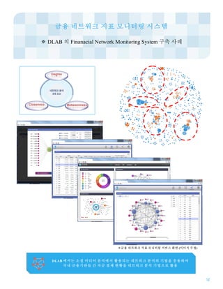 12
금융 네트워크 지표 모니터링 시스템
※ DLAB 의 Finanacial Network Monitoring System 구축 사례
DLAB 에서는 소셜 미디어 분석에서 활용되는 네트워크 분석의 기법을 응용하여
국내 금융기관들 간 자금 결제 현황을 네트워크 분석 기법으로 활용
※금융 네트워크 지표 모니터링 서비스 화면 (이미지 수정)
 