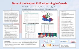 Introduction
In the introduction to the 2006 worldwide survey of departments of
education the North American Council for Online Learning (later
the International Association for K-12 Online Learning or
iNACOL) indicated that “research has been done on several virtual
schools in North America; however, little information is available
about current K-12 e-learning initiatives across the world” (Powell
& Patrick, 2006, p. 1). At the time, based on the literature on K-12
e-learning a slightly revised quote could also have accurately apply
to North America – ‘research has been done on several virtual
schools in the United States; however, little information is available
about current K-12 e-learning initiatives in the rest of North
America.’ When the State of the Nation: K-12 e-Learning in
Canada was first published in 2008, the vast majority of literature
and research about K-12 e-learning was still focused on the United
States. This annual study was the first of many steps that
researchers took, and are continuing to take, to address the lack of
information about K-12 e-learning in Canada.
Materials and methods
The goals of this study are to address the following questions:
1. How is K-12 distance, online, and blended learning governed in
each province, territory, and federally?
2. What is the level of K-12 distance, online, and blended learning
activity occurring in each province, territory, and federally?
The methodology utilized to collect the data for the annual study
included:
• a survey that was sent to each of the Ministries of Education,
• follow-up interviews to clarify or expand on any of the responses
contained in the survey,
• an analysis of documents from the Ministry of Education, often
available in online format, and
• follow-up interviews with key stakeholders in many of the
jurisdictions.
In addition to the data collection for the provincial, territorial, and
federal profiles, the researchers also undertook an individual
program survey that was sent to contacts from all of the K-12 e-
learning programs across Canada identified by the researchers.
Nature of Regulation Types of Programs
Distance & Online Learning Participation Blended Learning Participation
Key Takeaways
• the data for participation in distance and online learning
has been getting better each year
• the data for blended learning is unreliable and represents
only a poor estimate
• Ontario (ON) has the highest number of students
participating in distance and online learning, but ON is
also the most populated province
• British Columbia (BC) has the highest per capita student
involvement in distance and online learning
• BC and Nova Scotia are the most regulated
• BC also has funding policy specific to distributed
learning (i.e., distance and online learning)
• ON funds e-learning course content and the technology
for online access to the courses; but school boards are
expected to manage programs
• provinces and territories with a smaller K-12 populations
(i.e., Northern and Eastern regions) tend to offer
centralized provincial programs either run by their
Ministry of Education or contracted to a school authority
• ON, Saskatchewan, and BC have primarily district based
programs; while Québec, Manitoba, and Alberta have a
mix of provincial and school district programs
• most of the online learning programs have a success or
completion rate comparable to regular school programs
• blended learning models are becoming more prevalent;
either as school-based support for students who are
primarily at a distance or as part of a shift for classroom-
based teachers to include online courses and tools as part
of school-based student’s learning program
Michael K. Barbour, Touro University California – mkbarbour@gmail.com
Randy LaBonte, Canadian eLearning Network – rlabonte@canelearn.net
Recent Reports
Barbour, M. K., & LaBonte, R. (2019). State of the nation: K-12 e-learning
in Canada. Half Moon Bay, BC: Canadian E-Learning Network.
Barbour, M. K., & LaBonte, R. (2019). L’état de l’apprentissage
électronique de la maternelle à la 12e année au Canada. Half Moon
Bay, BC: Canadian E-Learning Network.
Barbour, M. K., & LaBonte, R. (2019). Sense of irony or perfect timing:
Examining the research supporting proposed e-learning changes in
Ontario. International Journal of E-Learning & Distance Education,
34(2). Retrieved from
http://www.ijede.ca/index.php/jde/article/view/1137
Barbour, M. K. (2019). E-learning class size. Half Moon Bay, BC:
Canadian E-Learning Network.
Further information
Project Website – https://k12sotn.ca
 
