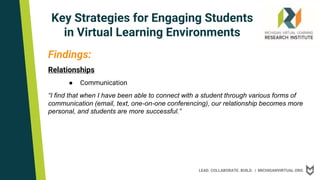 LEAD. COLLABORATE. BUILD. | MICHIGANVIRTUAL.ORG
Key Strategies for Engaging Students
in Virtual Learning Environments
Findings:
Relationships
● Communication
“I find that when I have been able to connect with a student through various forms of
communication (email, text, one-on-one conferencing), our relationship becomes more
personal, and students are more successful.”
 