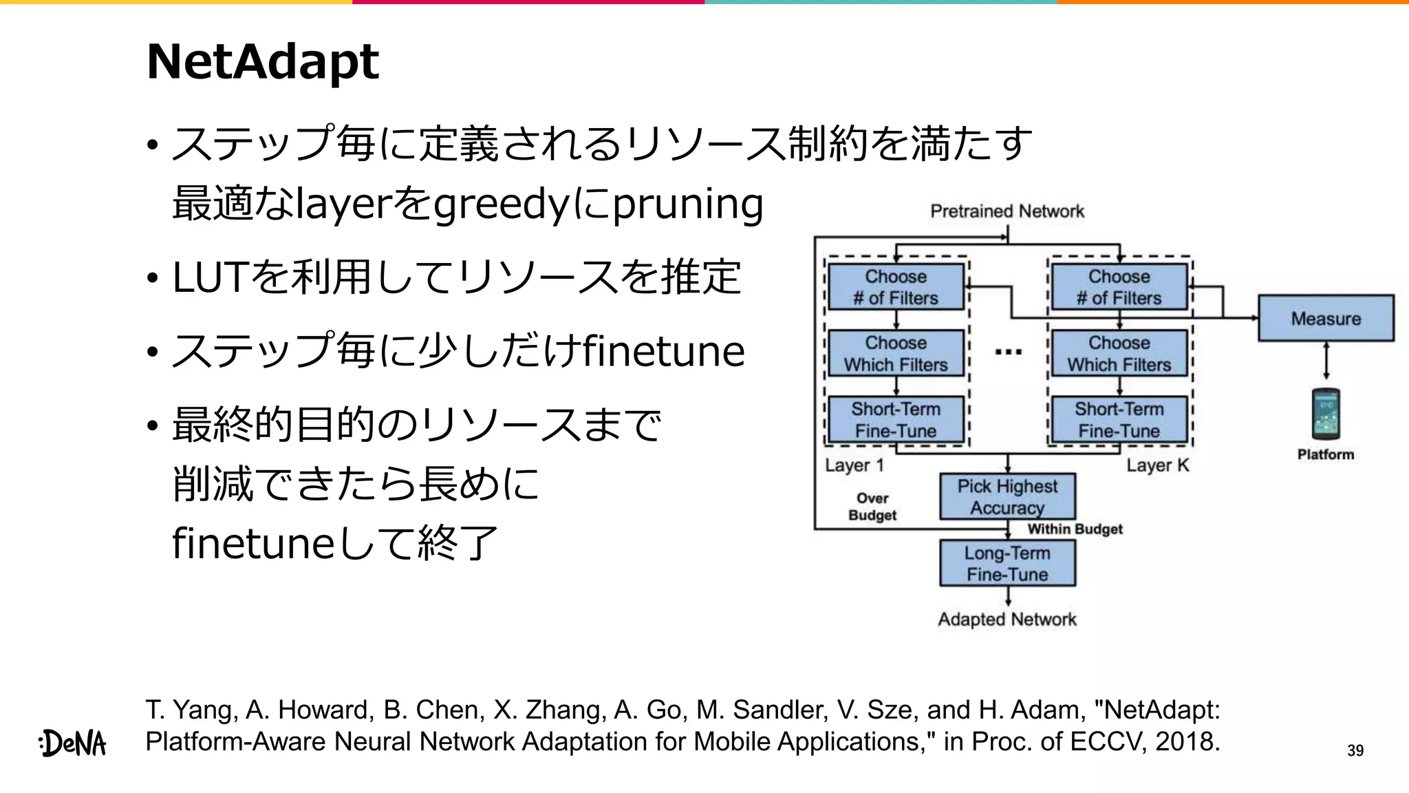 NetAdapt
• ステップ毎に定義されるリソース制約を満たす
最適なlayerをgreedyにpruning
• LUTを利用してリソースを推定
• ステップ毎に少しだけfinetune
• 最終的目的のリソースまで
削減できたら長めに
finetuneして終了
39
T. Yang, A. Howard, B. Chen, X. Zhang, A. Go, M. Sandler, V. Sze, and H. Adam, "NetAdapt:
Platform-Aware Neural Network Adaptation for Mobile Applications," in Proc. of ECCV, 2018.
 