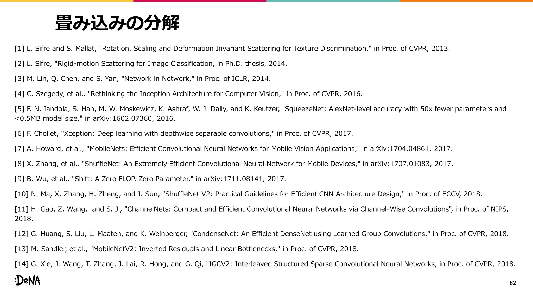 畳み込みの分解
[1] L. Sifre and S. Mallat, "Rotation, Scaling and Deformation Invariant Scattering for Texture Discrimination," in Proc. of CVPR, 2013.
[2] L. Sifre, "Rigid-motion Scattering for Image Classification, in Ph.D. thesis, 2014.
[3] M. Lin, Q. Chen, and S. Yan, "Network in Network," in Proc. of ICLR, 2014.
[4] C. Szegedy, et al., "Rethinking the Inception Architecture for Computer Vision," in Proc. of CVPR, 2016.
[5] F. N. Iandola, S. Han, M. W. Moskewicz, K. Ashraf, W. J. Dally, and K. Keutzer, "SqueezeNet: AlexNet-level accuracy with 50x fewer parameters and
<0.5MB model size," in arXiv:1602.07360, 2016.
[6] F. Chollet, "Xception: Deep learning with depthwise separable convolutions," in Proc. of CVPR, 2017.
[7] A. Howard, et al., "MobileNets: Efficient Convolutional Neural Networks for Mobile Vision Applications," in arXiv:1704.04861, 2017.
[8] X. Zhang, et al., "ShuffleNet: An Extremely Efficient Convolutional Neural Network for Mobile Devices," in arXiv:1707.01083, 2017.
[9] B. Wu, et al., "Shift: A Zero FLOP, Zero Parameter," in arXiv:1711.08141, 2017.
[10] N. Ma, X. Zhang, H. Zheng, and J. Sun, "ShuffleNet V2: Practical Guidelines for Efficient CNN Architecture Design," in Proc. of ECCV, 2018.
[11] H. Gao, Z. Wang, and S. Ji, "ChannelNets: Compact and Efficient Convolutional Neural Networks via Channel-Wise Convolutions", in Proc. of NIPS,
2018.
[12] G. Huang, S. Liu, L. Maaten, and K. Weinberger, "CondenseNet: An Efficient DenseNet using Learned Group Convolutions," in Proc. of CVPR, 2018.
[13] M. Sandler, et al., "MobileNetV2: Inverted Residuals and Linear Bottlenecks," in Proc. of CVPR, 2018.
[14] G. Xie, J. Wang, T. Zhang, J. Lai, R. Hong, and G. Qi, "IGCV2: Interleaved Structured Sparse Convolutional Neural Networks, in Proc. of CVPR, 2018.
82
 