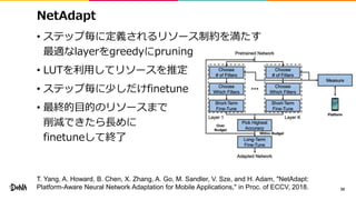 NetAdapt
• ステップ毎に定義されるリソース制約を満たす
最適なlayerをgreedyにpruning
• LUTを利用してリソースを推定
• ステップ毎に少しだけfinetune
• 最終的目的のリソースまで
削減できたら長めに
finetuneして終了
39
T. Yang, A. Howard, B. Chen, X. Zhang, A. Go, M. Sandler, V. Sze, and H. Adam, "NetAdapt:
Platform-Aware Neural Network Adaptation for Mobile Applications," in Proc. of ECCV, 2018.
 