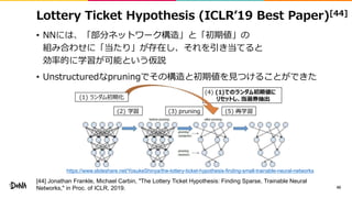Lottery Ticket Hypothesis (ICLR’19 Best Paper)[44]
• NNには、「部分ネットワーク構造」と「初期値」の
組み合わせに「当たり」が存在し、それを引き当てると
効率的に学習が可能という仮説
• Unstructuredなpruningでその構造と初期値を見つけることができた
40
https://www.slideshare.net/YosukeShinya/the-lottery-ticket-hypothesis-finding-small-trainable-neural-networks
[44] Jonathan Frankle, Michael Carbin, "The Lottery Ticket Hypothesis: Finding Sparse, Trainable Neural
Networks," in Proc. of ICLR, 2019.
 