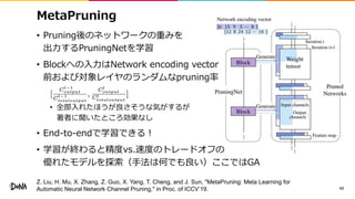 MetaPruning
• Pruning後のネットワークの重みを
出力するPruningNetを学習
• Blockへの入力はNetwork encoding vector
前および対象レイヤのランダムなpruning率
• 全部入れたほうが良さそうな気がするが
著者に聞いたところ効果なし
• End-to-endで学習できる！
• 学習が終わると精度vs.速度のトレードオフの
優れたモデルを探索（手法は何でも良い）ここではGA
43
Z. Liu, H. Mu, X. Zhang, Z. Guo, X. Yang, T. Cheng, and J. Sun, "MetaPruning: Meta Learning for
Automatic Neural Network Channel Pruning," in Proc. of ICCV’19.
 
