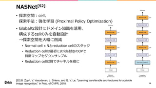 NASNet[52]
• 探索空間：cell、
探索手法：強化学習 (Proximal Policy Optimization)
• Globalな設計にドメイン知識を活用、
構成するcellのみを自動設計
→探索空間を大幅に削減
• Normal cell x Nとreduction cellのスタック
• Reduction cellは最初にstride付きのOPで
特徴マップをダウンサンプル
• Reduction cell以降でチャネルを倍に
48
[52] B. Zoph, V. Vasudevan, J. Shlens, and Q. V. Le, "Learning transferable architectures for scalable
image recognition," in Proc. of CVPR, 2018.
 