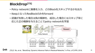 BlockDrop[73]
• Policy networkに画像を入力、どのBlockをスキップするかを出力
• KeepとなったResBlockのみをforward
• 認識が失敗した場合は負の報酬を、成功した場合にはスキップ率に
応じた正の報酬を与えることでpolicy networkを学習
64[73] Z. Wu, et al., "BlockDrop: Dynamic Inference Paths in Residual Networks," in Proc. of CVPR, 2018.
 