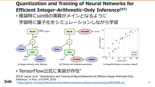 Quantization and Training of Neural Networks for
Efficient Integer-Arithmetic-Only Inference[97]
• 推論時にuint8の演算がメインとなるように
学習時に量子化をシミュレーションしながら学習
• TensorFlow公式に実装が存在*
74
[97] B. Jacob, et al., "Quantization and Training of Neural Networks for Efficient Integer-Arithmetic-Only
Inference," in Proc. of CVPR, 2018.
* https://github.com/tensorflow/tensorflow/blob/master/tensorflow/contrib/quantize/README.md
 
