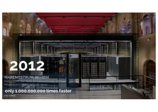 2012
MARENOSTRUM III - IBM
Instructions per second: 1.000.000.000 MFlops
Processors : 6046 (48448 cores)
only 1.000.000.000 times faster
 