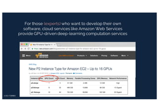 For those (experts) who want to develop their own
software, cloud services like Amazon Web Services
provide GPU-driven deep-learning computation services
 