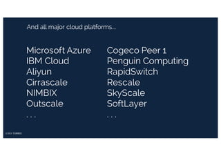 And all major cloud platforms...
Microsoft Azure
IBM Cloud
Aliyun
Cirrascale
NIMBIX
Outscale
. . .
Cogeco Peer 1
Penguin Computing
RapidSwitch
Rescale
SkyScale
SoftLayer
. . .
 