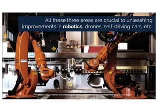 All these three areas are crucial to
unleashing improvements in robotics,
drones, self-driving cars, etc.
Source:	http://edition.cnn.com/2013/05/16/tech/innovation/robot-bartender-mit-google-makr-shakr/
All these three areas are crucial to unleashing
improvements in robotics, drones, self-driving cars, etc.
JORDI TORRES
 