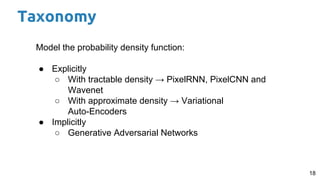 18
Model the probability density function:
● Explicitly
○ With tractable density → PixelRNN, PixelCNN and
Wavenet
○ With approximate density → Variational
Auto-Encoders
● Implicitly
○ Generative Adversarial Networks
Taxonomy
 