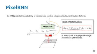 PixelRNN
RNN/LSTM
(x, y)
At every pixel, in a greyscale image:
256 classes (8 bits/pixel).
23
Recall RNN formulation:
 
