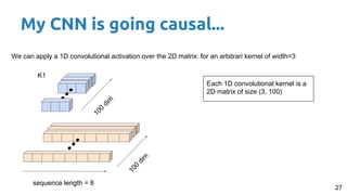 27
We can apply a 1D convolutional activation over the 2D matrix: for an arbitrari kernel of width=3
100
dim
sequence length = 8
K1
Each 1D convolutional kernel is a
2D matrix of size (3, 100)100
dim
My CNN is going causal...
 