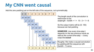 30
Add the zero padding just on the left side of the sequence, not symmetrically
1 2 3 4 5 6 7 8
w1 w2 w3
w1 w2 w3
w1 w2 w3
w1 w2 w3
w1 w2 w3
1 2 3 4 5 6 7 8
w1 w2 w3
The length result of the convolution is
well known to be:
seqlength - kwidth + 1 = 10 - 3 + 1 = 8
So the output matrix will be (8, 100)
because we had padding
HOWEVER: now every time-step t
depends on the two previous inputs as
well as the current time-step → every
output is causal
Roughly: We make a causal convolution
by padding left the sequence with
(kwidth - 1) zeros
0
w1 w2 w3
w1 w2 w3
0
My CNN went causal
 