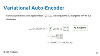 Variational Auto-Encoder
Continuing with the encoder approximation , we compute the KL divergence with the true
distribution:
51
KL divergence
Credit: Kristiadis
 