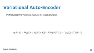 Variational Auto-Encoder
We finally reach the Variational AutoEncoder objective function.
56
Credit: Kristiadis
 