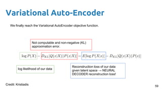 Variational Auto-Encoder
We finally reach the Variational AutoEncoder objective function.
log likelihood of our data
Not computable and non-negative (KL)
approximation error.
59
Reconstruction loss of our data
given latent space → NEURAL
DECODER reconstruction loss!
Credit: Kristiadis
 