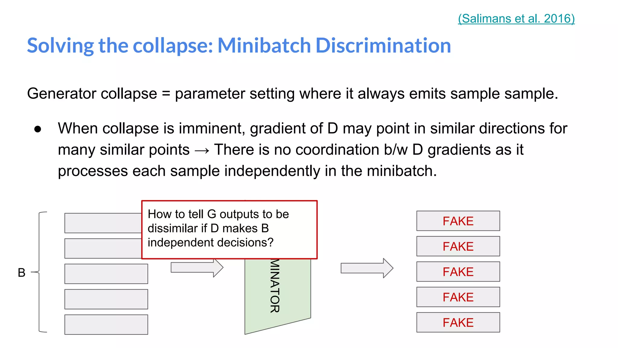 Generator collapse = parameter setting where it always emits sample sample.
● When collapse is imminent, gradient of D may point in similar directions for
many similar points → There is no coordination b/w D gradients as it
processes each sample independently in the minibatch.
Solving the collapse: Minibatch Discrimination
FAKE
FAKE
FAKE
FAKE
FAKE
DISCRIMINATOR
How to tell G outputs to be
dissimilar if D makes B
independent decisions?
B
(Salimans et al. 2016)
 