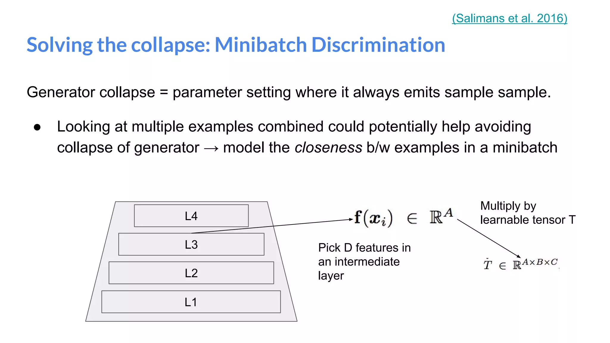 Generator collapse = parameter setting where it always emits sample sample.
● Looking at multiple examples combined could potentially help avoiding
collapse of generator → model the closeness b/w examples in a minibatch
Solving the collapse: Minibatch Discrimination
L1
L2
L3
L4
Pick D features in
an intermediate
layer
Multiply by
learnable tensor T
(Salimans et al. 2016)
 