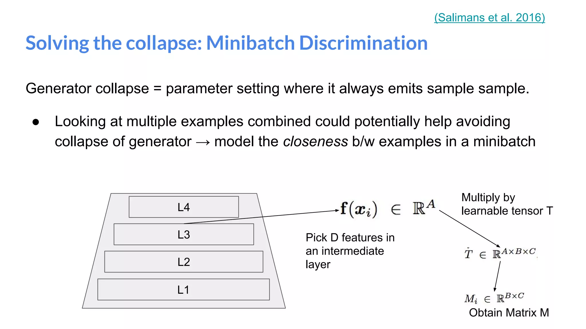 Generator collapse = parameter setting where it always emits sample sample.
● Looking at multiple examples combined could potentially help avoiding
collapse of generator → model the closeness b/w examples in a minibatch
Solving the collapse: Minibatch Discrimination
L1
L2
L3
L4
Pick D features in
an intermediate
layer
Multiply by
learnable tensor T
Obtain Matrix M
(Salimans et al. 2016)
 