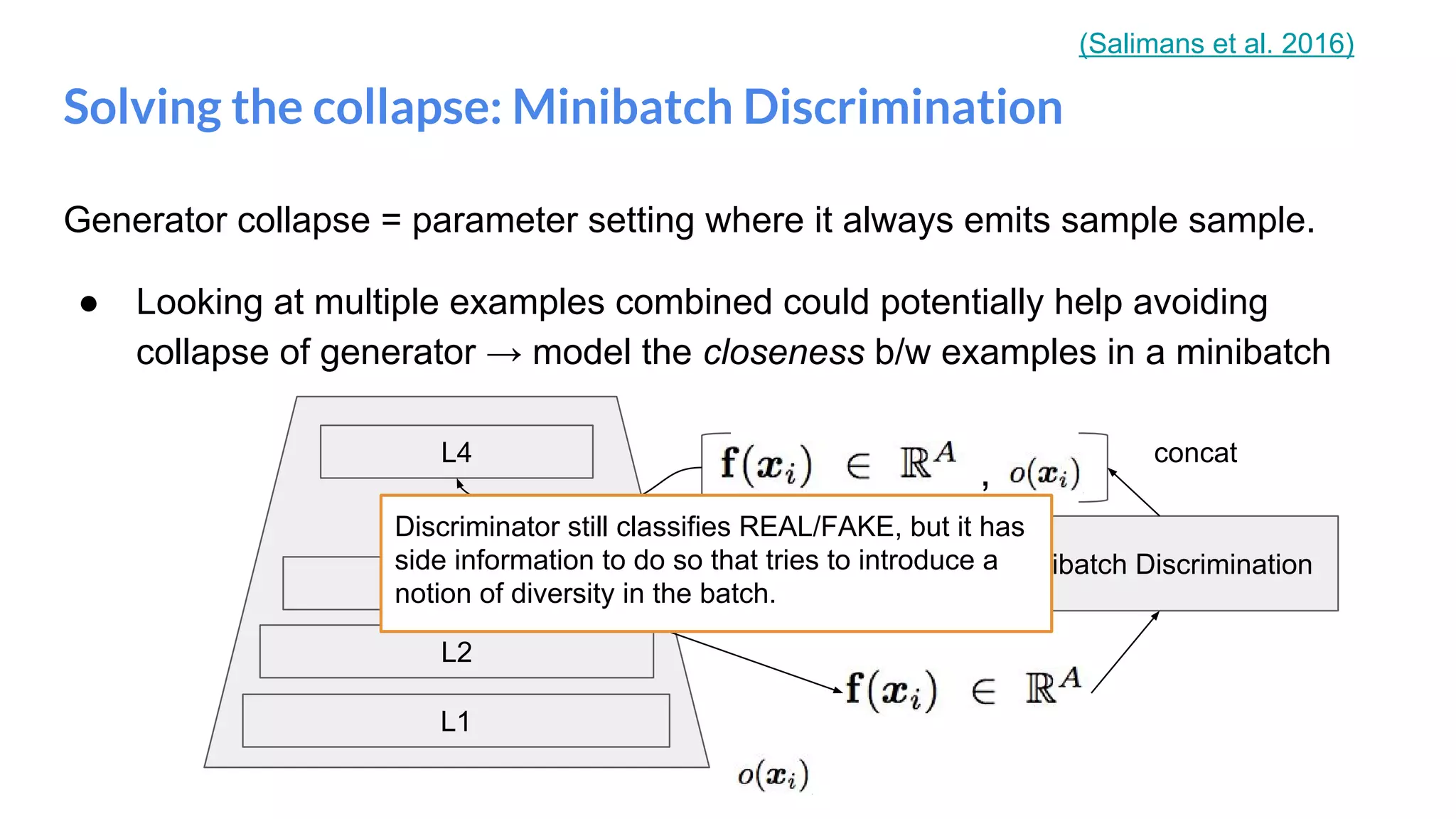 Generator collapse = parameter setting where it always emits sample sample.
● Looking at multiple examples combined could potentially help avoiding
collapse of generator → model the closeness b/w examples in a minibatch
Solving the collapse: Minibatch Discrimination
L1
L2
L3
L4
Minibatch Discrimination
,
concat
Discriminator still classifies REAL/FAKE, but it has
side information to do so that tries to introduce a
notion of diversity in the batch.
(Salimans et al. 2016)
 