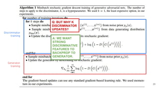 Discriminator
training
Generator
training
20
Q: BUT WHY K
DISCRIMINATOR
UPDATES?
A: WE WANT
STRONG
DISCRIMINATIVE
FEATURES TO
BACKPROP TO
GENERATOR.
 