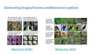 Generating images/frames conditioned on captions
(Reed et al. 2016b) (Zhang et al. 2016)
 