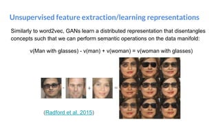 Unsupervised feature extraction/learning representations
Similarly to word2vec, GANs learn a distributed representation that disentangles
concepts such that we can perform semantic operations on the data manifold:
v(Man with glasses) - v(man) + v(woman) = v(woman with glasses)
(Radford et al. 2015)
 
