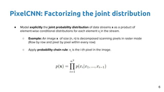 PixelCNN: Factorizing the joint distribution
● Model explicitly the joint probability distribution of data streams x as a product of
element-wise conditional distributions for each element xi
in the stream.
○ Example: An image x of size (n, n) is decomposed scanning pixels in raster mode
(Row by row and pixel by pixel within every row)
○ Apply probability chain rule: xi
is the i-th pixel in the image.
6
 