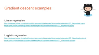 Gradient descent examples
Linear regression
http://nbviewer.jupyter.org/github/kevinmcguinness/ml-examples/blob/master/notebooks/GD_Regression.ipynb
https://github.com/kevinmcguinness/ml-examples/blob/master/notebooks/GD_Regression.ipynb
Logistic regression
http://nbviewer.jupyter.org/github/kevinmcguinness/ml-examples/blob/master/notebooks/GD_Classification.ipynb
https://github.com/kevinmcguinness/ml-examples/blob/master/notebooks/GD_Classification.ipynb
 