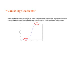 In the backward pass you might be in the flat part of the sigmoid (or any other activation
function like tanh) so derivative tends to zero and your training loss will not go down
“Vanishing Gradients”
 