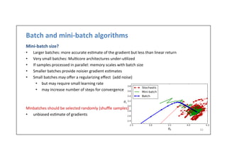 Batch	
  and	
  mini-­‐batch	
  algorithms	
  
Mini-­‐batch	
  size?	
  
•  Larger	
  batches:	
  more	
  accurate	
  es.mate	
  of	
  the	
  gradient	
  but	
  less	
  than	
  linear	
  return	
  	
  
•  Very	
  small	
  batches:	
  Mul.core	
  architectures	
  under-­‐u.lized	
  
•  If	
  samples	
  processed	
  in	
  parallel:	
  memory	
  scales	
  with	
  batch	
  size	
  
•  Smaller	
  batches	
  provide	
  noisier	
  gradient	
  es.mates	
  
•  Small	
  batches	
  may	
  oﬀer	
  a	
  regularizing	
  eﬀect	
  	
  (add	
  noise)	
  
•  but	
  may	
  require	
  small	
  learning	
  rate	
  
•  may	
  increase	
  number	
  of	
  steps	
  for	
  convergence	
  
	
  
	
  
Minbatches	
  should	
  be	
  selected	
  randomly	
  (shuﬄe	
  samples)	
  
•  unbiased	
  es.mate	
  of	
  gradients	
  
10	
  
 