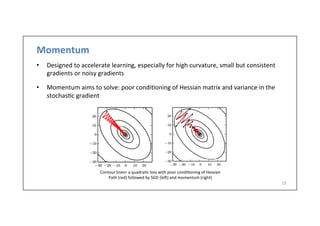 Momentum	
  
19	
  
•  Designed	
  to	
  accelerate	
  learning,	
  especially	
  for	
  high	
  curvature,	
  small	
  but	
  consistent	
  
gradients	
  or	
  noisy	
  gradients	
  
•  Momentum	
  aims	
  to	
  solve:	
  poor	
  condi.oning	
  of	
  Hessian	
  matrix	
  and	
  variance	
  in	
  the	
  
stochas.c	
  gradient	
  
Contour	
  lines=	
  a	
  quadra.c	
  loss	
  with	
  poor	
  condi.oning	
  of	
  Hessian	
  
Path	
  (red)	
  followed	
  by	
  SGD	
  (le])	
  and	
  momentum	
  (right)	
  
 