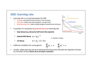SGD:	
  learning	
  rate	
  
•  Learning	
  rate	
  is	
  a	
  crucial	
  parameter	
  for	
  SGD	
  
•  To	
  large:	
  overshoots	
  local	
  minimum,	
  loss	
  increases	
  
•  Too	
  small:	
  makes	
  very	
  slow	
  progress,	
  can	
  get	
  stuck	
  
•  Good	
  learning	
  rate:	
  makes	
  steady	
  progress	
  toward	
  local	
  minimum	
  
•  In	
  prac.ce	
  it	
  is	
  necessary	
  to	
  gradually	
  decrease	
  learning	
  rate	
  
•  step	
  decay	
  (e.g.	
  decay	
  by	
  half	
  every	
  few	
  epochs)	
  
•  exponen6al	
  decay	
  
•  1/t	
  decay	
  	
  
	
  
•  Suﬃcient	
  condi.ons	
  for	
  convergence:	
  
	
  
•  Usually:	
  adapt	
  learning	
  rate	
  by	
  monitoring	
  learning	
  curves	
  that	
  plot	
  the	
  objec.ve	
  func.on	
  
as	
  a	
  func.on	
  of	
  .me	
  (more	
  of	
  an	
  art	
  than	
  a	
  science!)	
  
23	
  
αt
= ∞
t=1
∞
∑ αt
2
= ∞
t=1
∞
∑
α = α0
e−kt
α = α0
/ (1+ kt)
t	
  =	
  itera/on	
  number	
  
 