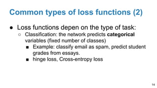 Common types of loss functions (2)
● Loss functions depen on the type of task:
○ Classification: the network predicts categorical
variables (fixed number of classes)
■ Example: classify email as spam, predict student
grades from essays.
■ hinge loss, Cross-entropy loss
14
 