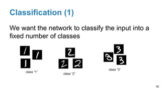 Classification (1)
We want the network to classify the input into a
fixed number of classes
18
class “1”
class “2”
class “3”
 