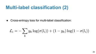 Multi-label classification (2)
● Cross-entropy loss for multi-label classification:
29
 