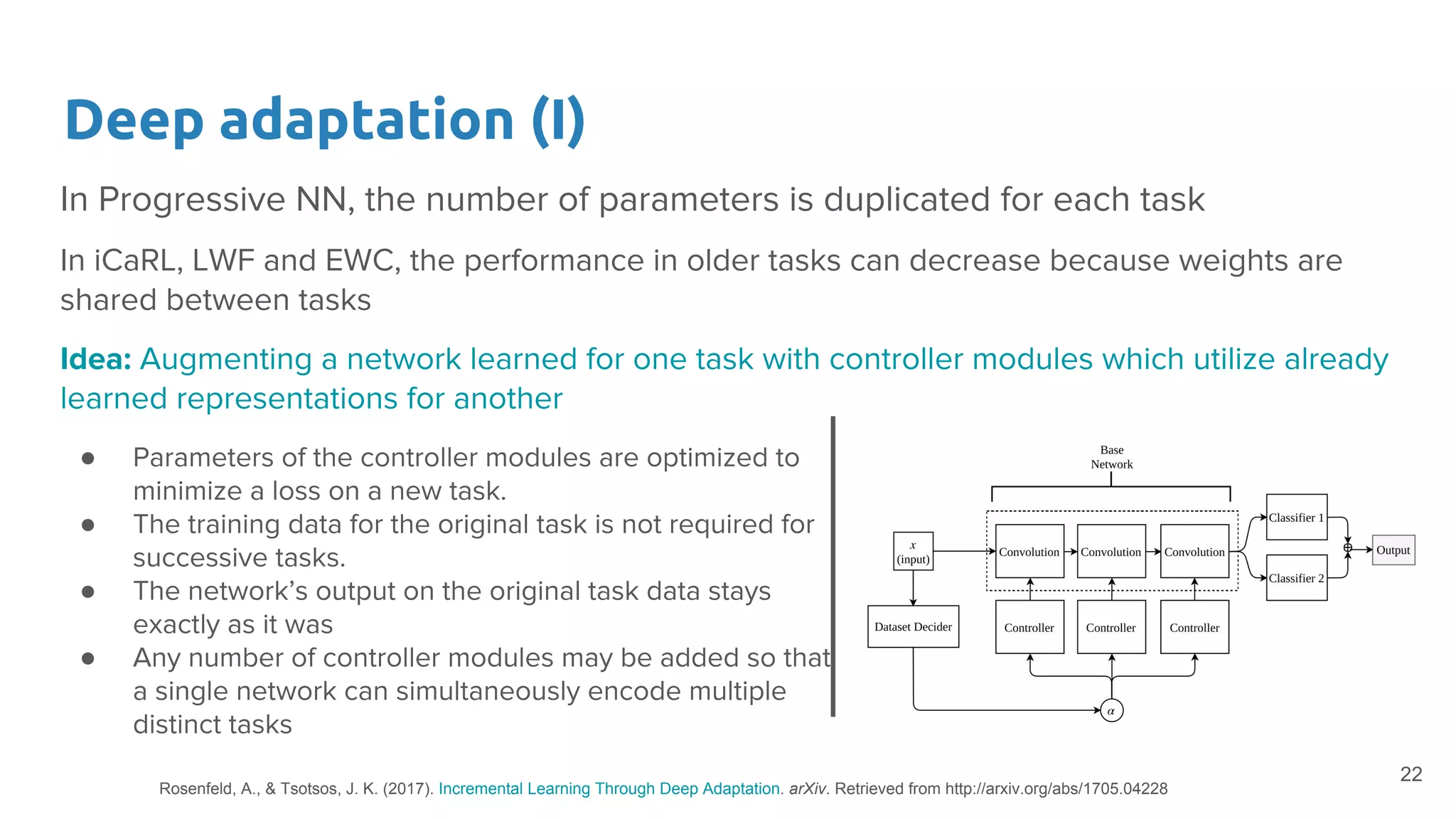 Deep adaptation (I)
In Progressive NN, the number of parameters is duplicated for each task
In iCaRL, LWF and EWC, the performance in older tasks can decrease because weights are
shared between tasks
Idea: Augmenting a network learned for one task with controller modules which utilize already
learned representations for another
22
● Parameters of the controller modules are optimized to
minimize a loss on a new task.
● The training data for the original task is not required for
successive tasks.
● The network’s output on the original task data stays
exactly as it was
● Any number of controller modules may be added so that
a single network can simultaneously encode multiple
distinct tasks
Rosenfeld, A., & Tsotsos, J. K. (2017). Incremental Learning Through Deep Adaptation. arXiv. Retrieved from http://arxiv.org/abs/1705.04228
 