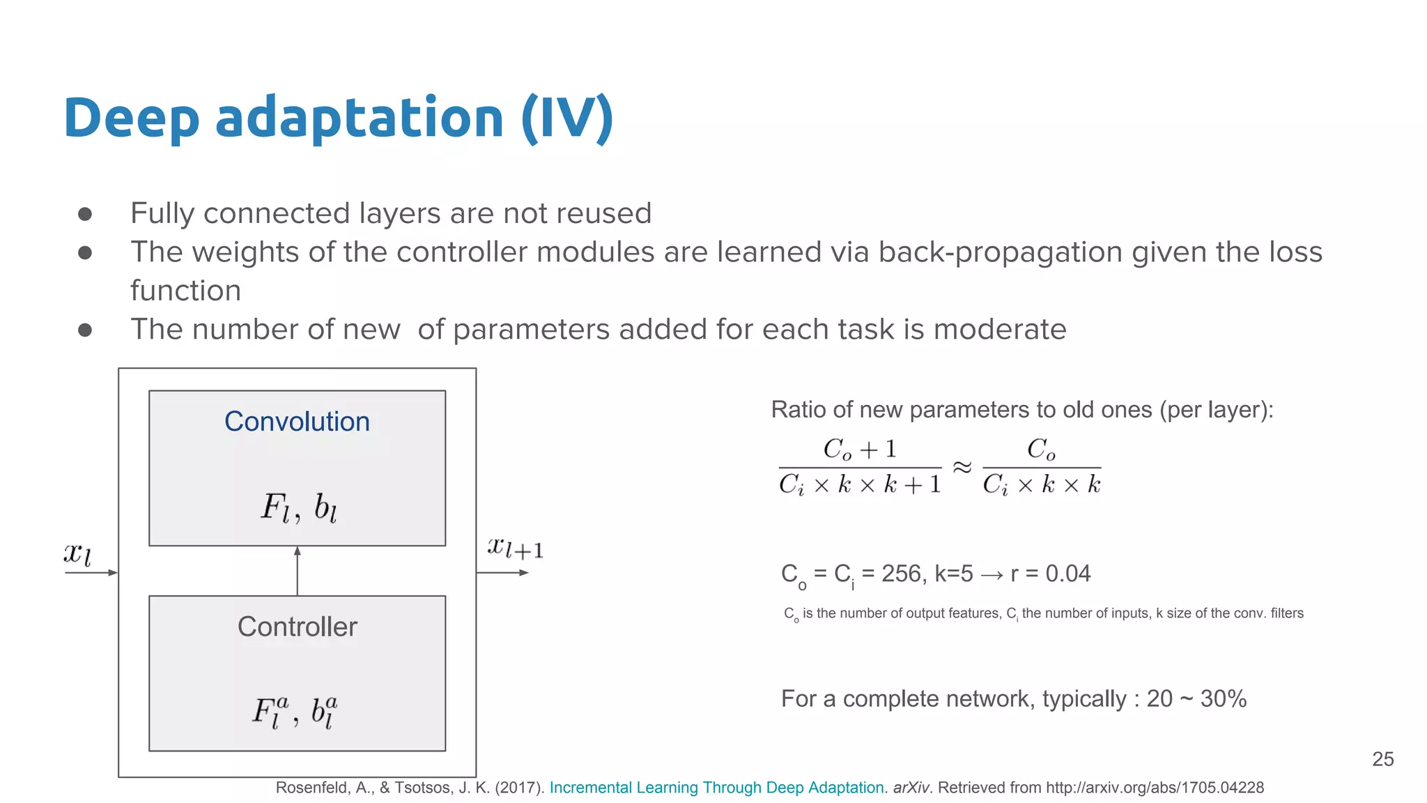 ● Fully connected layers are not reused
● The weights of the controller modules are learned via back-propagation given the loss
function
● The number of new of parameters added for each task is moderate
Deep adaptation (IV)
25
Controller
Convolution
Co
is the number of output features, Ci
the number of inputs, k size of the conv. filters
Ratio of new parameters to old ones (per layer):
Co
= Ci
= 256, k=5 → r = 0.04
For a complete network, typically : 20 ~ 30%
Rosenfeld, A., & Tsotsos, J. K. (2017). Incremental Learning Through Deep Adaptation. arXiv. Retrieved from http://arxiv.org/abs/1705.04228
 