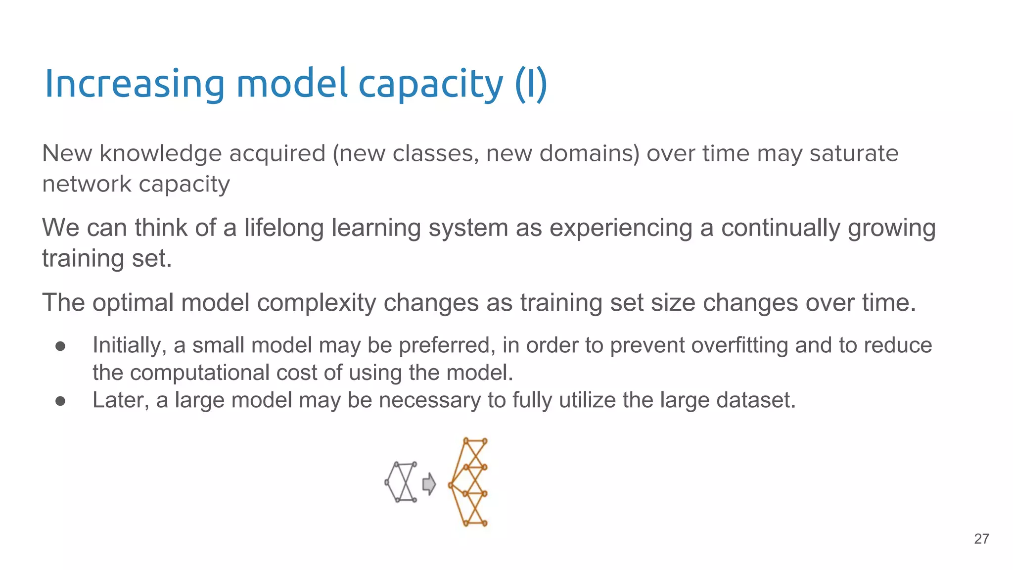 Increasing model capacity (I)
New knowledge acquired (new classes, new domains) over time may saturate
network capacity
We can think of a lifelong learning system as experiencing a continually growing
training set.
The optimal model complexity changes as training set size changes over time.
● Initially, a small model may be preferred, in order to prevent overfitting and to reduce
the computational cost of using the model.
● Later, a large model may be necessary to fully utilize the large dataset.
27
 