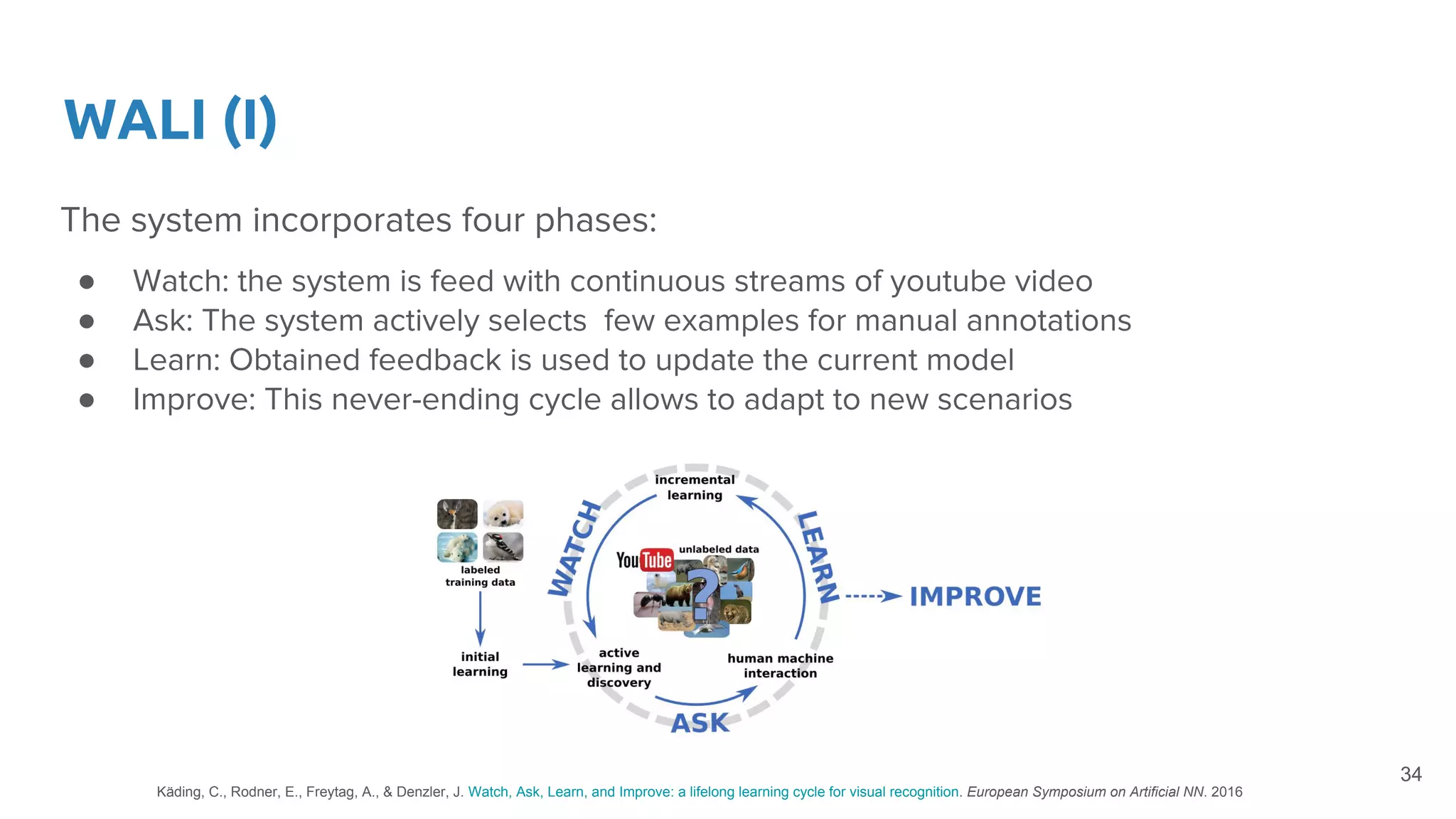 WALI (I)
The system incorporates four phases:
● Watch: the system is feed with continuous streams of youtube video
● Ask: The system actively selects few examples for manual annotations
● Learn: Obtained feedback is used to update the current model
● Improve: This never-ending cycle allows to adapt to new scenarios
34
Käding, C., Rodner, E., Freytag, A., & Denzler, J. Watch, Ask, Learn, and Improve: a lifelong learning cycle for visual recognition. European Symposium on Artificial NN. 2016
 