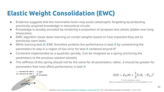 ● Evidence suggests that the mammalian brain may avoid catastrophic forgetting by protecting
previously acquired knowledge in neocortical circuits
● Knowledge is durably encoded by rendering a proportion of synapses less plastic (stable over long
timescales)
● EWC algorithm slows down learning on certain weights based on how important they are to
previously seen tasks
● While learning task B, EWC therefore protects the performance in task A by constraining the
parameters to stay in a region of low error for task A centered around θ*
● Constraint implemented as a quadratic penalty. Can be imagined as a spring anchoring the
parameters to the previous solution (elastic).
● The stiffness of this spring should not be the same for all parameters; rather, it should be greater for
parameters that most affect performance in task A
Elastic Weight Consolidation (EWC)
20
F: Fisher information matrix
(https://en.wikipedia.org/wiki/Fisher_information#Matrix_form)
Kirkpatrick et al. Overcoming catastrophic forgetting in neural networks. Proc. of the National Academy of Sciences, 114(13), 2017
 