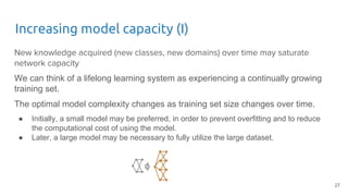 Increasing model capacity (I)
New knowledge acquired (new classes, new domains) over time may saturate
network capacity
We can think of a lifelong learning system as experiencing a continually growing
training set.
The optimal model complexity changes as training set size changes over time.
● Initially, a small model may be preferred, in order to prevent overfitting and to reduce
the computational cost of using the model.
● Later, a large model may be necessary to fully utilize the large dataset.
27
 