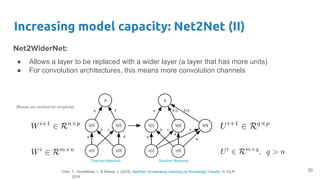 Increasing model capacity: Net2Net (II)
Net2WiderNet:
● Allows a layer to be replaced with a wider layer (a layer that has more units)
● For convolution architectures, this means more convolution channels
30
Teacher Network Student Network
(Biases are omitted for simplicity)
Chen, T., Goodfellow, I., & Shlens, J. (2016). Net2Net: Accelerating Learning via Knowledge Transfer. In ICLR
2016
 