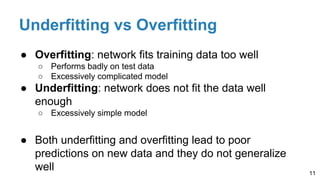 Underfitting vs Overfitting
● Overfitting: network fits training data too well
○ Performs badly on test data
○ Excessively complicated model
● Underfitting: network does not fit the data well
enough
○ Excessively simple model
● Both underfitting and overfitting lead to poor
predictions on new data and they do not generalize
well 11
 