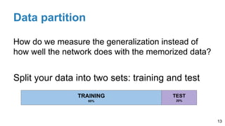 Split your data into two sets: training and test
Data partition
13
How do we measure the generalization instead of
how well the network does with the memorized data?
TRAINING
60%
TEST
20%
 