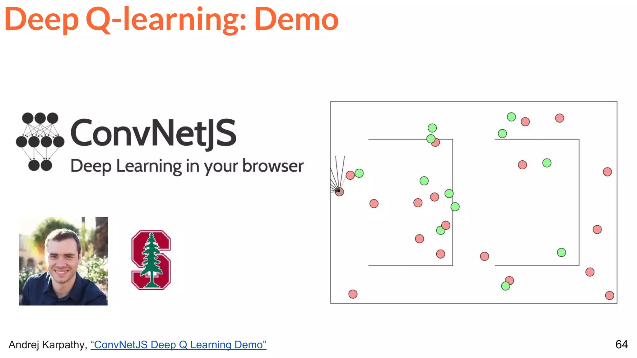 64Andrej Karpathy, “ConvNetJS Deep Q Learning Demo”
Deep Q-learning: Demo
 