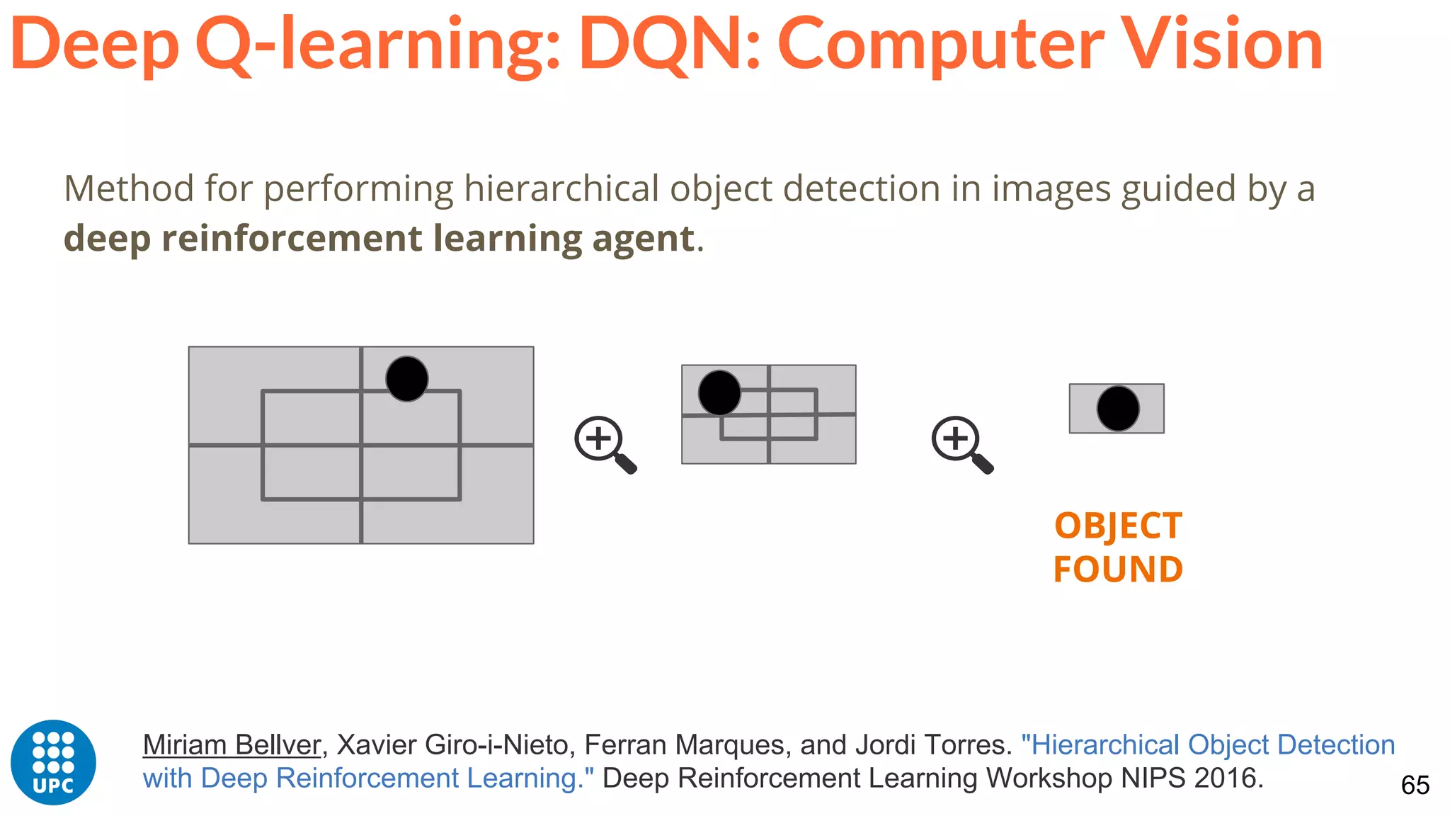 65
Miriam Bellver, Xavier Giro-i-Nieto, Ferran Marques, and Jordi Torres. "Hierarchical Object Detection
with Deep Reinforcement Learning." Deep Reinforcement Learning Workshop NIPS 2016.
Deep Q-learning: DQN: Computer Vision
Method for performing hierarchical object detection in images guided by a
deep reinforcement learning agent.
OBJECT
FOUND
 